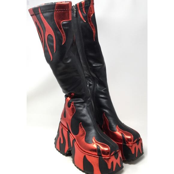 HiColor Women’s Size 9 Side Zipper High Heeled Flames Printing Chunky Sole Boot - Picture 2 of 7